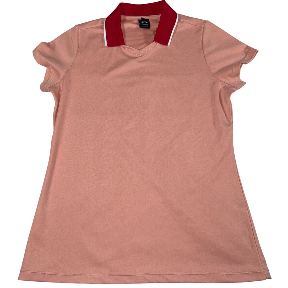 Oakley Performance Fit Women's Golf Polo M Coral Pink Red V-Neck Short‎ Sleeve